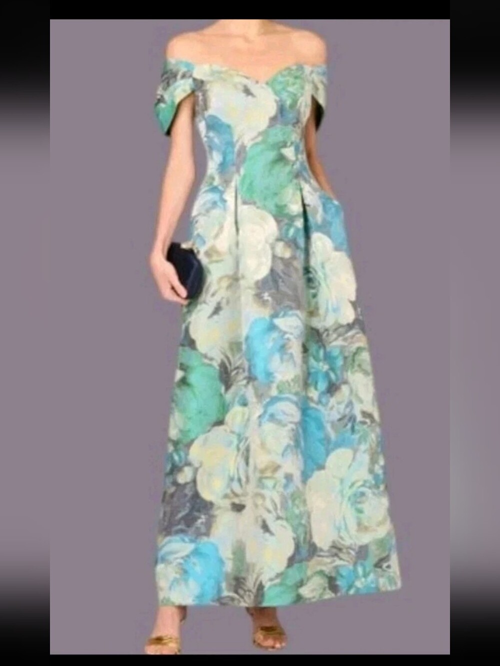 Aidan Mattox NWT Blue Floral Jacquard Off Shoulder Maxi Gown Dress Size 12 $595